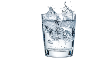 Close-up of ice cubes splashing into a clear glass of water, showcasing freshness and purity with a transparent background. png