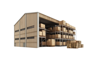 Large warehouse with industrial storage racks filled with wooden crates and pallets. Isolated on transparent background. png