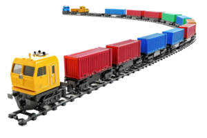 Colorful toy train set with multiple carriages carrying containers, isolated on transparent background. ideal for transportation or toy concepts. png