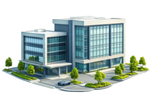 Modern office building with glass windows, surrounded by greenery and parked car, isolated on transparent background. png
