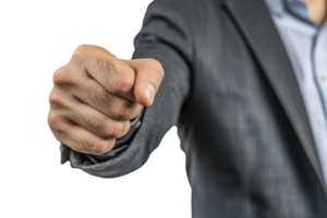 Close-up of a businessman's hand pointing forward, wearing a gray suit, on a transparent background. Emphasizing direction and focus in business. png