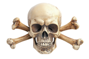 Realistic skull and crossed bones image isolated on transparent background. Ideal for themes of danger, pirates, and Halloween decorations. png