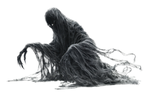 Mysterious dark figure with tattered cloak, creating a spooky atmosphere, perfect for Halloween or horror themes in stock photography. png