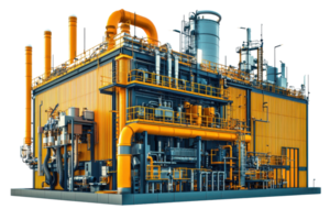 Modern industrial factory building with complex machinery and vibrant orange pipes, isolated on transparent background. png
