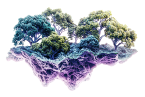 Mystical floating island with colorful trees and complex root system suspended in air, fantasy art concept background. png