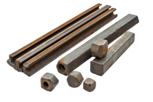 Rustic metal bolts, rods, and nuts on transparent background. Industrial hardware parts showcasing texture and variety. Perfect for engineering visuals. png