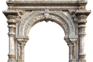 Ornate stone archway with intricate engravings and columns, isolated on a transparent background. Perfect for historical and architectural themes. png