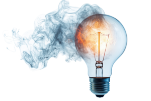 Illuminated light bulb with glowing filament and trailing smoke, symbolizing innovation, creativity, and ideas on a transparent background. png