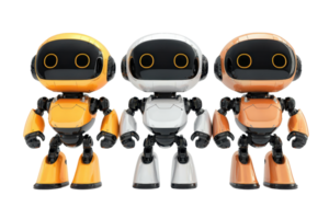 Tres linda de colores robots en pie juntos en un transparente antecedentes. exhibiendo vibrante diseños y simpático expresiones png