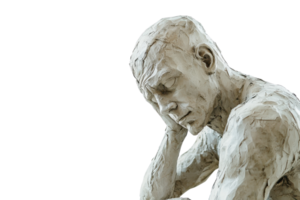 Thoughtful plaster sculpture of a seated man, introspective pose, with clear detailing, isolated on transparent background. for art and design uses. png