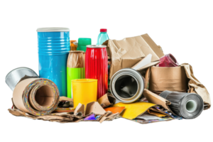Stack of various recyclable materials including cans, bottles, and cardboard, emphasizing the importance of recycling and waste management. png