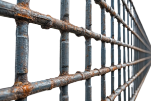 Rusty iron bars on a prison gate, symbolizing confinement and security, with a close-up perspective, showing decay and strength simultaneously. png