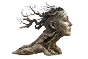 Surreal sculpture of a human head transitioning into tree roots, capturing the harmony between nature and humanity. png