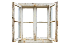 Vintage wooden window frame with open panes on isolated transparent background. showcasing rustic, aged charm for various design projects. png