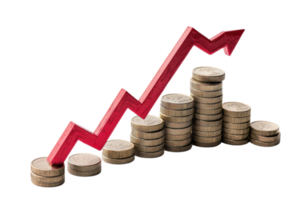 Stacked coins with ascending red arrow representing financial growth, investment success, and economic development. png