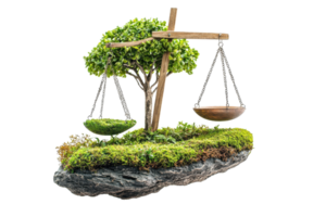 A balance scale hangs beside a tree on a floating island with lush green grass and rocks, symbolizing nature and balance. png