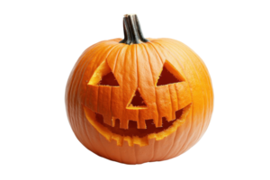 A carved pumpkin with a lit, smiling face perfect for Halloween decoration. Bright orange with triangular eyes and a toothy grin against a transparent background. png