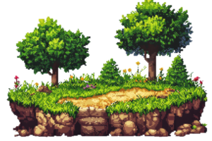 2D pixel art of a floating island with lush greenery, trees, and a dirt path, ideal for game backgrounds or fantasy designs. png