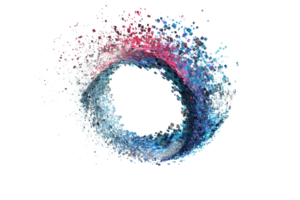 Abstract digital art of a colorful fluid shape in circular form, representing dynamic motion and energy with vibrant blue and red splashes. png
