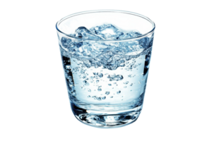A clear glass filled with fresh, ice-cold water, showcasing refreshing bubbles and transparent ice cubes for a thirst-quenching image. png