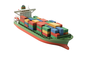 A large cargo ship carrying colorful shipping containers isolated on a transparent background. showcasing global logistics and maritime trade. png