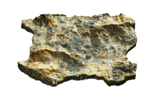 A detailed image of a rugged, textured rock fragment on a transparent background. showcasing its unique patterns and natural beauty. png