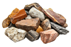 A diverse collection of various colored rocks and minerals, including granite, sandstone, and slate, isolated on a transparent background. png