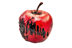 A red apple partially covered in black paint, isolated on a transparent background. Dynamic contrast symbolizing pollution or artistic expression. png
