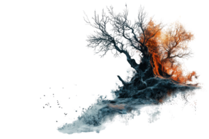 Abstract scene depicting a blend of fire and smoke with a tree silhouette, symbolizing nature's duality of creation and destruction. png