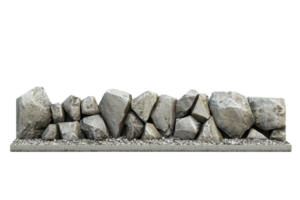 A row of large, rugged rocks of various sizes and shapes arranged in a line, isolated on a transparent background. Perfect for textures and backgrounds. png