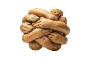 Abstract wooden sculpture of intertwined hands symbolizing unity, collaboration, and teamwork, isolated on a transparent background. png