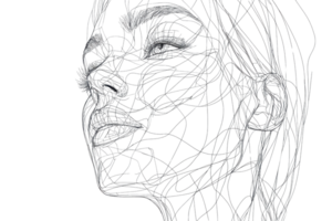 Abstract wireframe face illustration depicting a human profile with intricate line art design against a transparent background. png