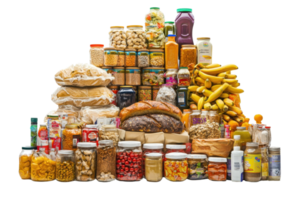An assortment of various grocery items including fruits, bread, cereals, and jars, arranged neatly for display. Perfect for food-related projects. png