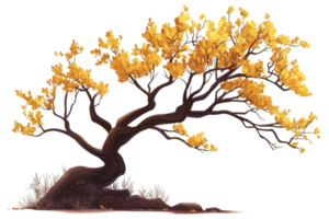 Artistic illustration of a yellow autumn tree with twisted branches and leaves. Beautiful digital artwork capturing nature's fall colors. png
