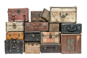 Assorted vintage suitcases stacked in rows, showcasing a variety of worn and weathered luggage in different sizes and colors. png