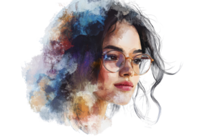 Artistic watercolor portrait of a thoughtful woman with glasses, showcasing colorful splashes and delicate brush strokes. png