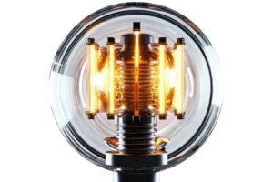 Close-up of a vintage-style incandescent light bulb with visible glowing filaments, isolated on transparent background. png