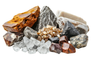 Collection of various raw gemstones and minerals in different shapes, colors, and sizes displayed on a transparent background. png