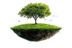 Floating island with lush green tree and grass, representing nature, growth, and environmental care, isolated on a transparent background. png