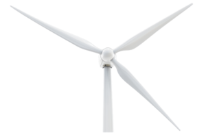 Isolated white wind turbine with three blades, representing clean energy and wind power generation. Ideal for renewable energy concepts. png