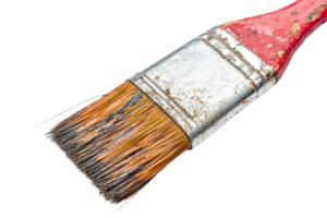 Close-up of a worn-out paintbrush with red handle and orange bristles, isolated on transparent background. png