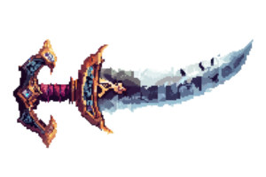A detailed pixel art sword with intricate design, vibrant colors, and fantasy themes. Ideal for game developers and digital art enthusiasts. png