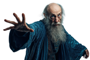 Elderly man dressed as a wizard or magician, casting a spell, isolated on a transparent background. Long white beard and mystical robes. png