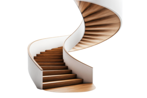 Elegant wooden spiral staircase with white railings in modern architectural design, showcasing seamless curves and craftsmanship. png