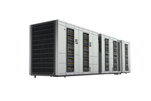 Modern data center servers in a high-tech environment, featuring advanced technology and efficient infrastructure for data storage and management. png