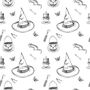 sin costura modelo para Víspera de Todos los Santos. sombrero, calabaza cesta, rata, ardiente vela, mariposa. todas objetos son dibujado a mano con tinta y transferido a . para impresión en tela, papel, tarjetas, invitaciones vector