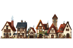 Charming row of medieval-style houses with unique architecture and rustic details, perfect for historical-themed designs and storytelling. png