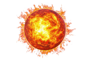 Bright, fiery sun with glowing flames and intense heat, representing solar energy and astronomical phenomena in outer space. png