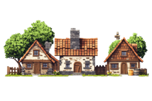 Charming and quaint village cottages with lush green trees, featuring rustic architecture, stone walls, and wooden accents, under a clear sky. png