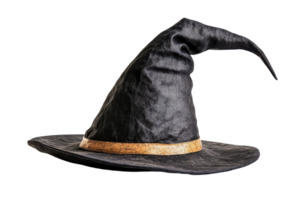 Close-up image of a classic black witch hat with a pointed tip and a decorative band, perfect for Halloween or magical themes. png